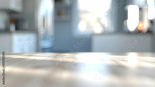 Wallpaper Mural A Close-Up View of a Light Wood Tabletop with a Blurred Kitchen Background Torontodigital.ca