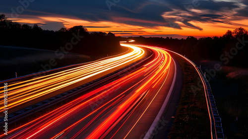 A Long Exposure Photograph of a Highway at Sunset, with Red and Yellow Tail Lights Streaking Across the Asphalt, Showing the Flow of Traffic
