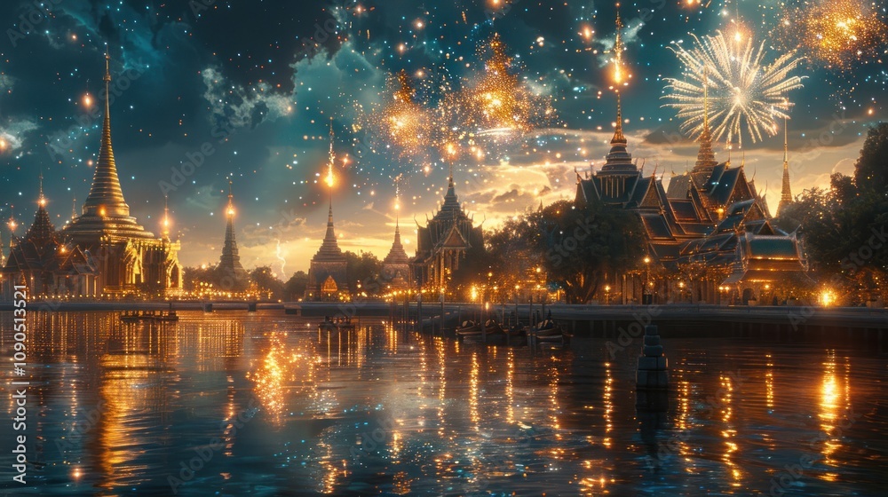 Fototapeta premium A vibrant riverside cityscape illuminated by fireworks at dusk.