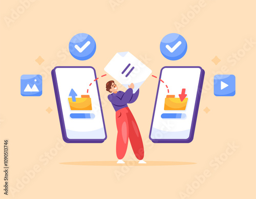 concept of file transfer software or application. sending and receiving files. sharing between devices. illustration of a man sending a document file to another smartphone. flat style design. elements
