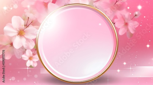 Pink Blossom Background With Gold Circular Frame