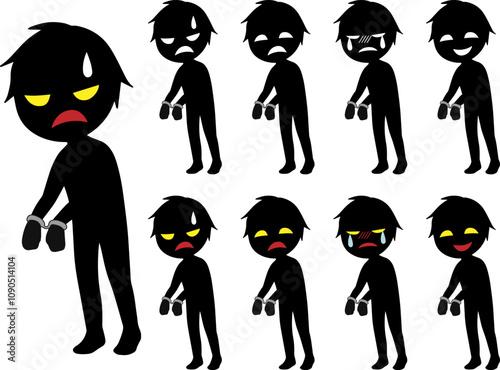 捕まった黒いシルエットの悪人イメージの素材セット