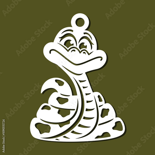 Cute snake pendant. Hanging decoration with a funny cartoon character. Cheerful spotted python.Template for plotter laser cutting of paper, fretwork, wood carving, metal engraving, cnc.  Vector image.