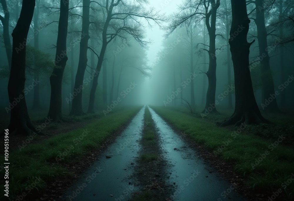 Fototapeta premium A mysterious road in an oppressing swamp, little traveled and questionable, fantasy style, dreamlike fantasy art, movie screencap