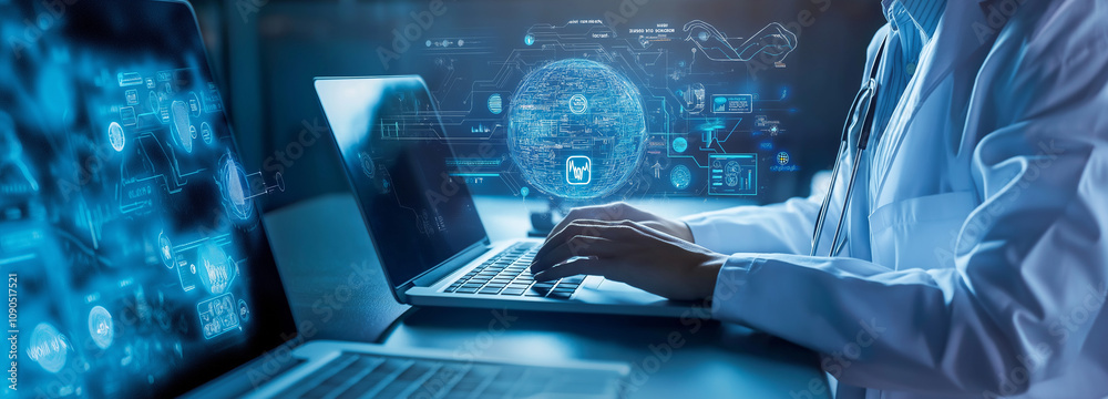 Fototapeta premium Man typing on laptop, glowing medical problems with AI technologies, trends, Ai