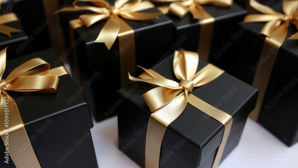 Elegant Black Gift Boxes with Golden Ribbons Perfect for Special Occasions and Celebrations Elegant Black Gift Boxes with Golden Ribbons Perfect for Special Occasions and Celebrations
