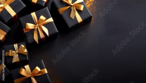 Elegant black gift boxes with gold ribbons arranged on a dark surface, perfect for special occasions and celebrations.