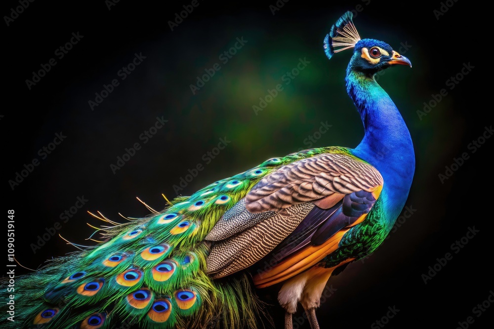 Obraz premium Stunning Side View of a Peacock in Low Light Photography, Isolated on Transparent Background, Perfect for Nature and Wildlife Themes, Emphasizing Colors and Details of Feathers
