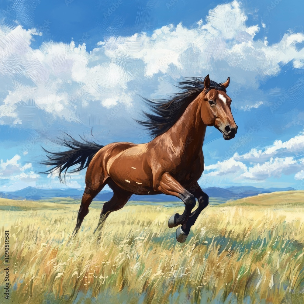 A majestic brown horse gallops freely across a golden field under a bright blue sky. A majestic brown horse gallops freely across a golden field under a bright blue sky.
