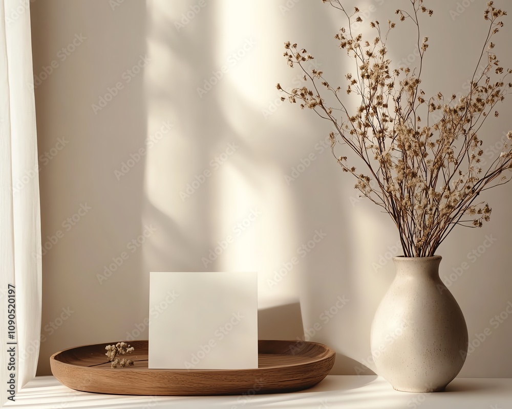 A simple and elegant scene with a blank card, a vase of dried flowers, and a wooden tray, placed on a light surface, modern minimalist design, warm neutral tones A simple and elegant scene with a blank card, a vase of dried flowers, and a wooden tray, placed on a light surface, modern minimalist design, warm neutral tones