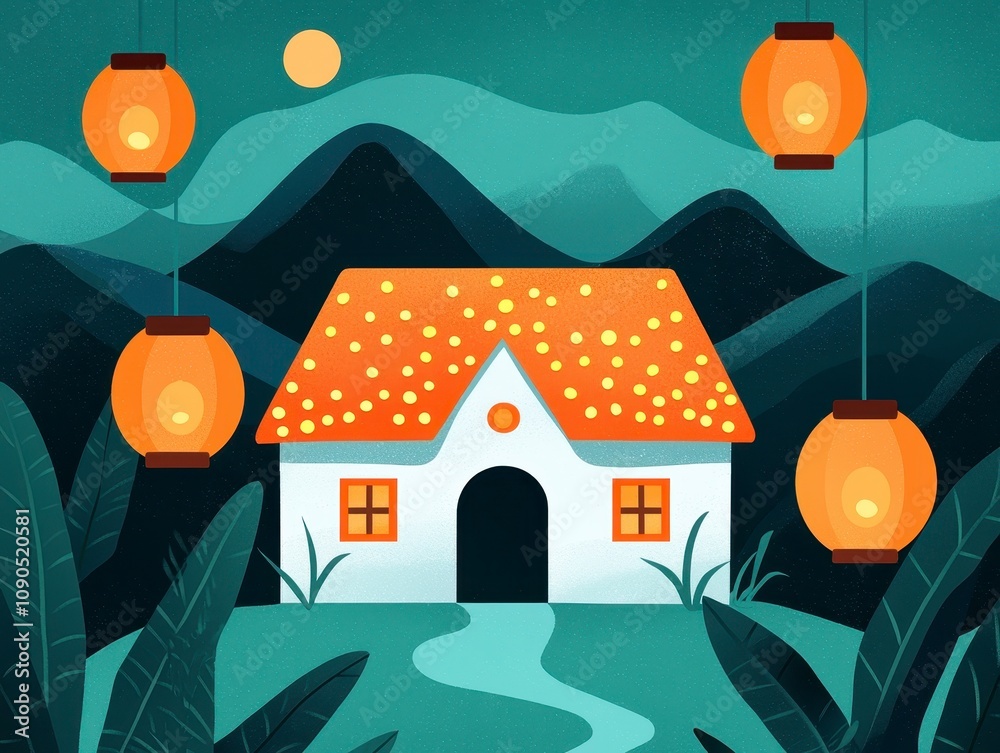 Fototapeta premium Festival of lights concept. Cozy house in a serene landscape with glowing lanterns at night.