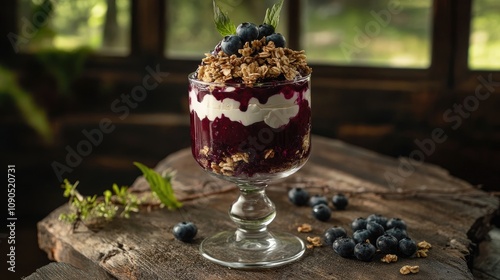 Cottage cheese dessert layered with fresh blueberries and granola, served in a glass on a wooden surface with a rustic background.