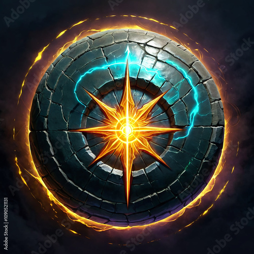 A circular stone emblem with a golden, eightpointed star radiating light. Its surrounded by a glowing ring of yellow energy and blue energy streaks. photo