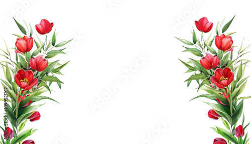 Green Vine Isolated on Transparent Background with Eucalyptus Leaves and Coral Sunflowers for Invitations