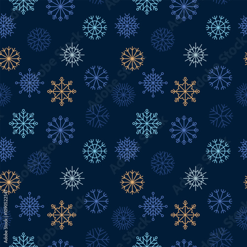 Vector snow. Falling snowflakes on navy blue background. Colorful snowflakes, snow storm, winter, snowfall eps. Christmass seamless pattern.