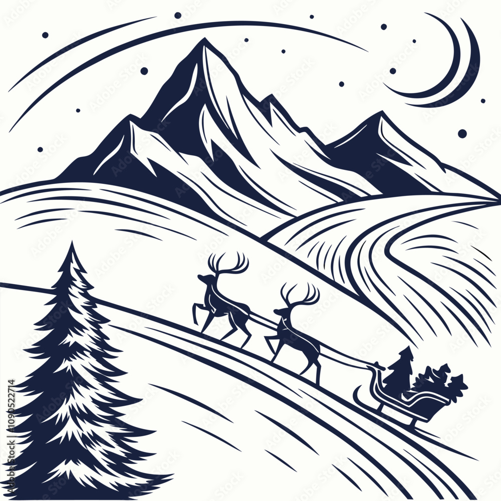 Naklejka premium Santa Sleigh on a Mountain Ridge with Reindeer and Snowy Peak