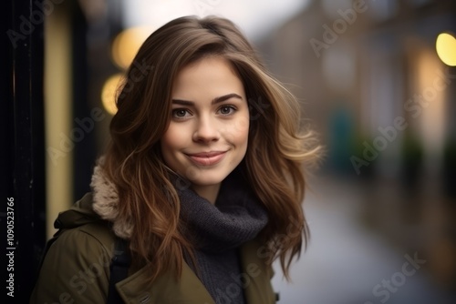 Portrait of a beautiful young woman with long brown hair in the city