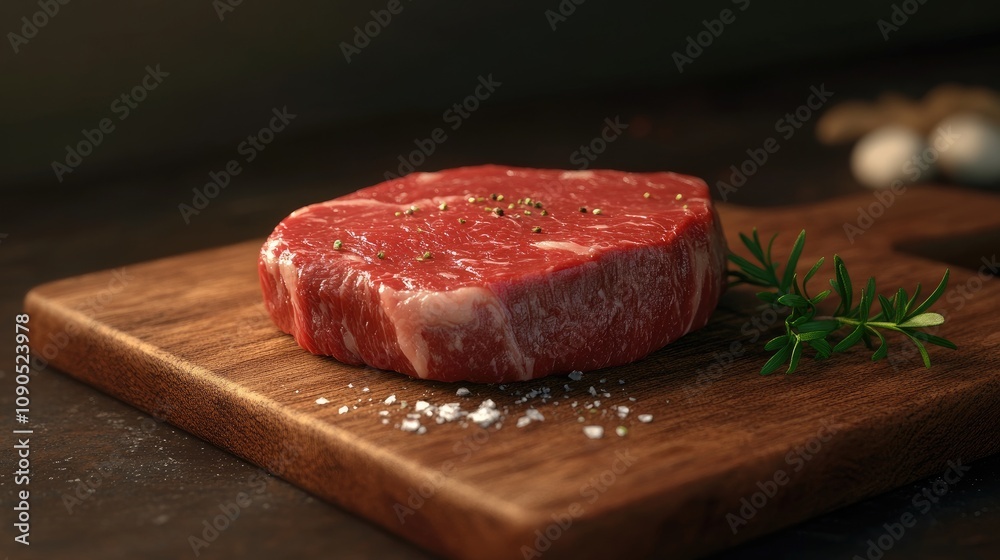A fresh cut of red meat resting on a wooden cutting board, garnished with herbs and sea salt. A fresh cut of red meat resting on a wooden cutting board, garnished with herbs and sea salt.