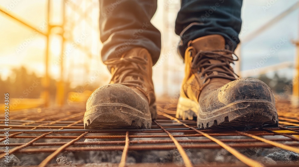 Construction worker in heavy boots job site close-up sunrise industrial setting progress Construction worker in heavy boots job site close-up sunrise industrial setting progress
