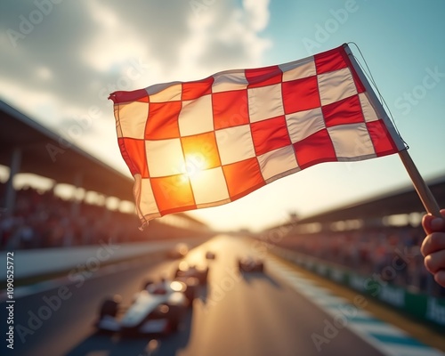 At a racetrack during sunset, a checkered flag is raised as racing cars speed past, marking the conclusion of a thrilling motorsport event. Fans cheer as the excitement builds. photo