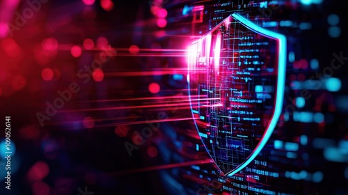 Futuristic shield symbol against a backdrop of neon digital data streams.