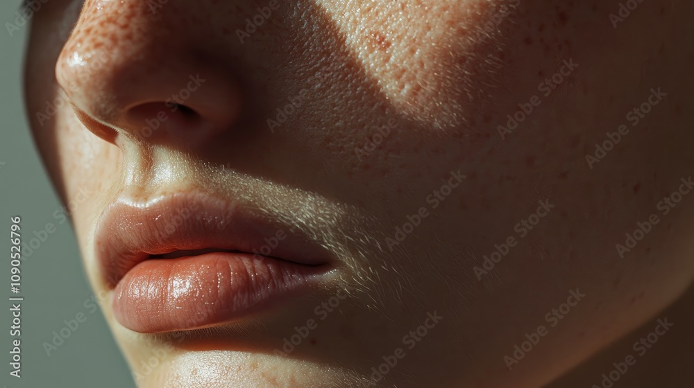Fototapeta premium Close-up of authentic human skin highlighting stretch marks and acne scars, showcasing the beauty of natural, unedited features with subtle freckles.