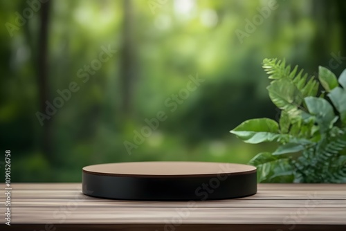 Empty Podium on Wooden Table with Blurred Green Nature