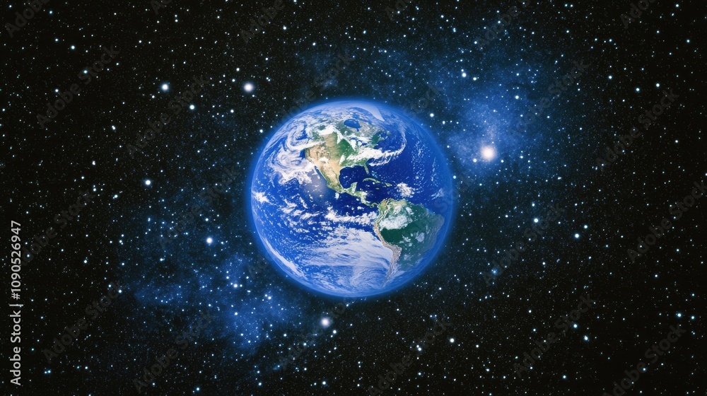 Fototapeta premium Vibrant Earth against a vast starry sky showcasing swirling clouds and blue oceans, with distant stars illuminating the cosmos in the background.