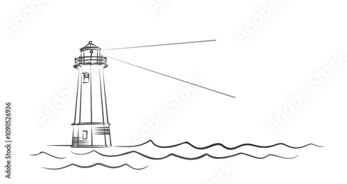 The sketch of a lighthouse in the deep sea.