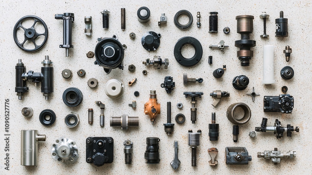 Collection of Various Mechanical Parts and Components Arranged on a Light Stone Surface Showcasing Intricate Details and Diverse Shapes for Technical Applications Collection of Various Mechanical Parts and Components Arranged on a Light Stone Surface Showcasing Intricate Details and Diverse Shapes for Technical Applications