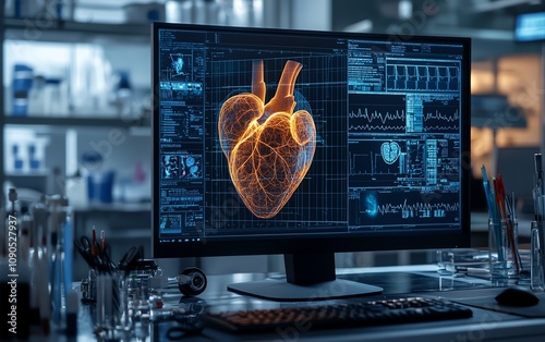 A photorealistic 3D digital model of a human heart on a computer screen, displayed in a medical lab with advanced tools and equipment for medical research photo