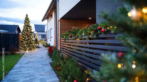 Modern Slat Fence with christmas decoration photo