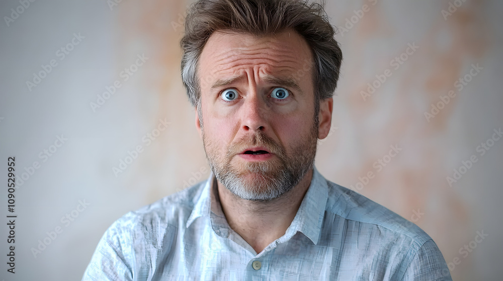 Obraz premium man listens to the news with disbelief and looks astonished into the camera