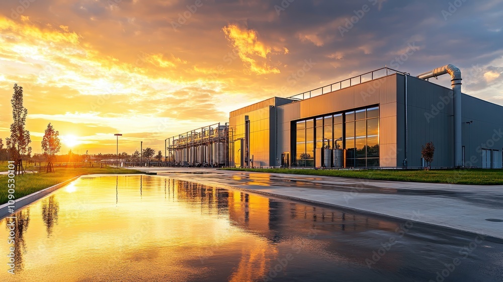 Obraz premium Modern industrial building reflecting sunset in a serene environment.