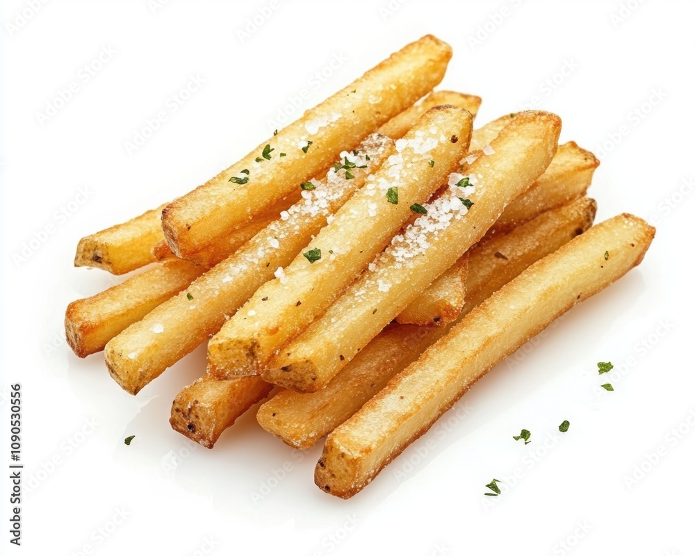 Golden, crispy French fries sprinkled with sea salt on a white background. Golden, crispy French fries sprinkled with sea salt on a white background.