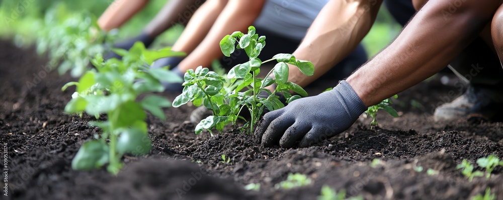 Fototapeta premium A closeup of hands planting trees and cultivating the soil in a community garden