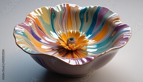 A ceramic bowl shaped like a melting flower, with iridescent glaze, Generative AI photo