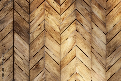 Chevron pattern hardwood flooring, light brown wood planks arranged in a Vshape. photo