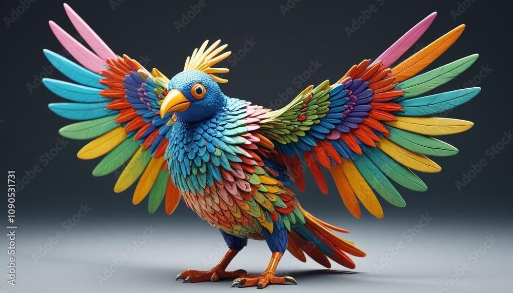 Obraz premium A colorful ceramic creature resembling a bird with exaggerated wings and no eyes, Generative AI