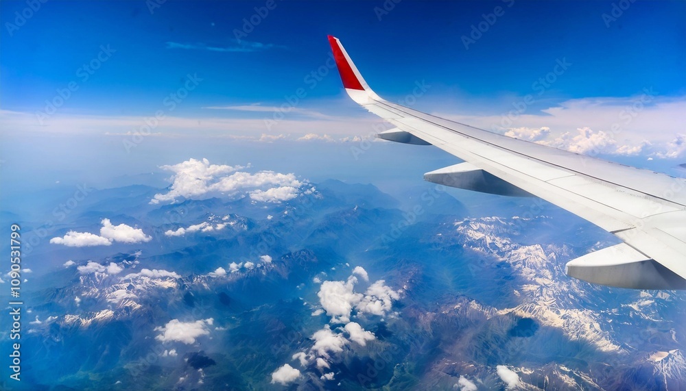 Obraz premium View from the airplane window, wing and sunrise in background