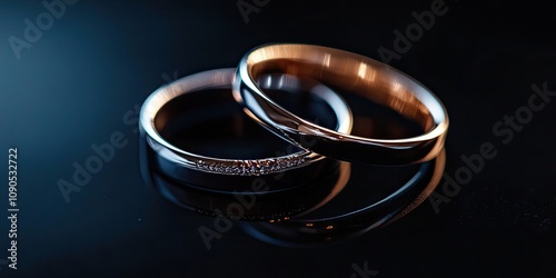 Modern wedding ring displayed in a close up photograph on a sleek black background, highlighting the elegant design of the wedding ring and its unique modern features. photo