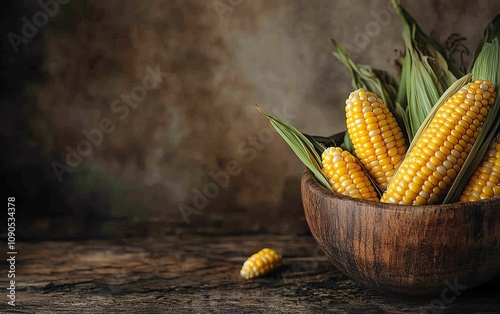 A wooden bowl overflowing with freshly harvested corn, featuring plump yellow kernels and green husks, set on a rustic wooden table to highlight the organic, natural vibe photo