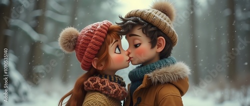 Two young lovers, wrapped in warm clothing, kiss gently amidst falling snowflakes in a serene forest setting. The atmosphere is magical and romantic.