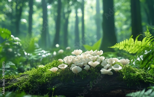 A beautiful cluster of white mushrooms growing on a mosscovered log in a dense green forest during daylight, capturing the natural beauty and tranquility of the woodland ecosystem photo