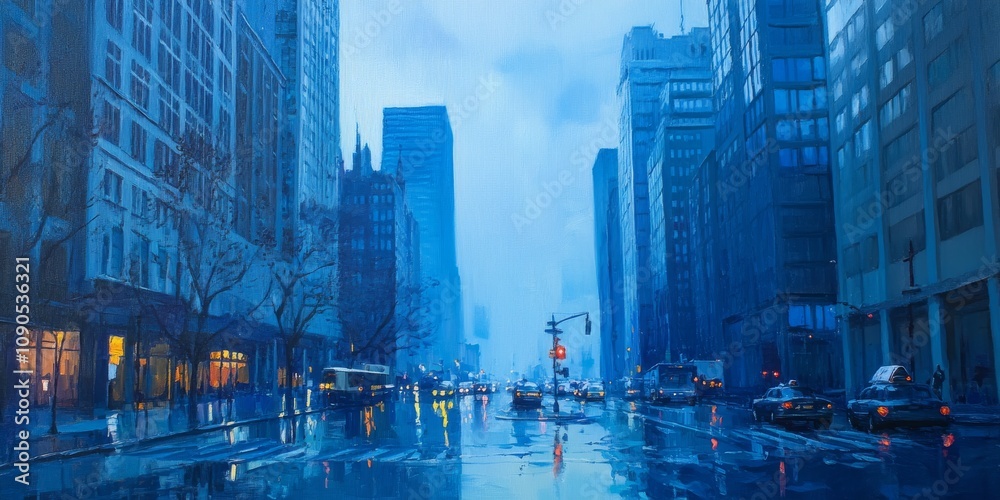 Fototapeta premium Tranquil blue morning light fills the urban landscape, creating a serene blue morning atmosphere perfect for capturing the essence of a blue morning in the city.