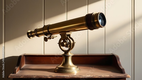 Antique Brass Telescope on Wooden Tabletop photo