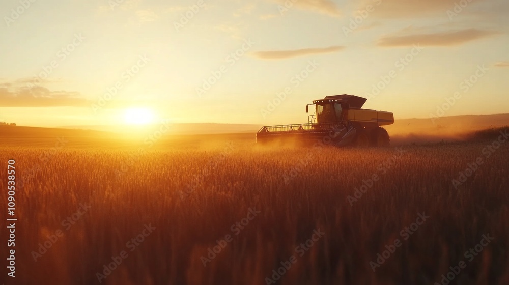 Fototapeta premium A tractor is driving through a field of tall grass