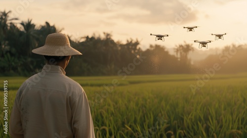 Farmer Surprised by Drones Planting Seeds in Rice Field