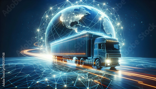 Logistic A creative interpretation of a digital truck crossing a globe with connected lines, symbolizing rap3