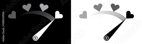 Black and white love meter measurement vector set with indicator, heart. Romantic love scale with heart and indicator to use for valentines day, passion, wedding design projects. 